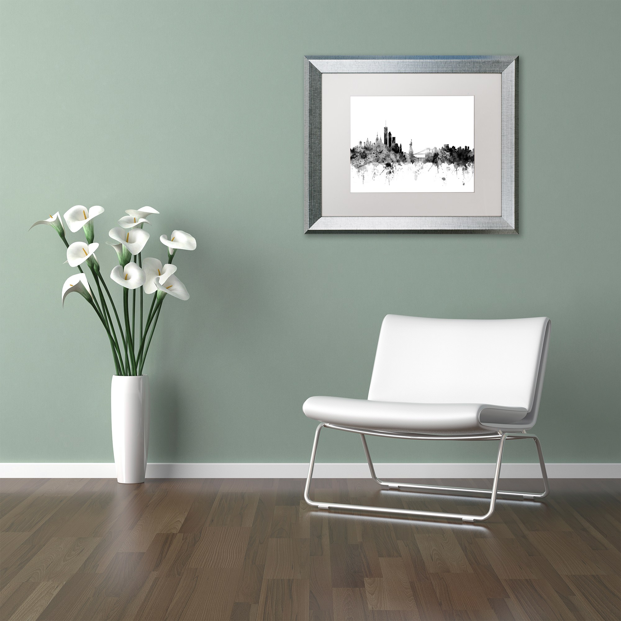 Trademark Fine Art "New York Skyline B&W" Canvas Art by Michael Tompsett, White Matte, Silver Frame