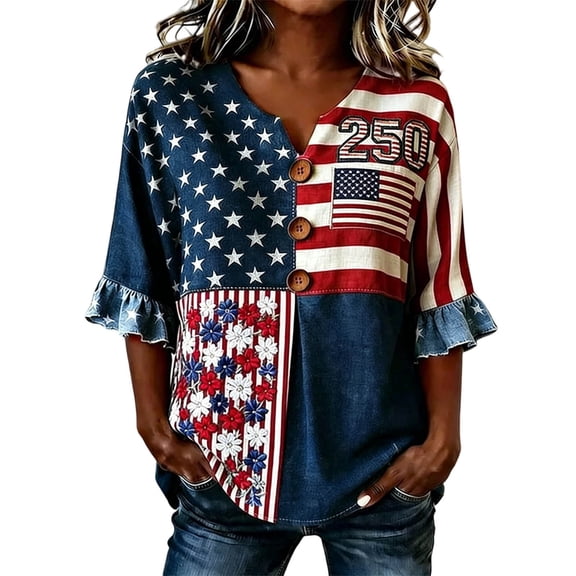 XAOFW 250th Anniversary T Shirts For Women 3/4 Sleeve V Neck Patriotic Button Tee With Red White And Blue Graphic T-Shirts 4th Of July Versatile Tops L