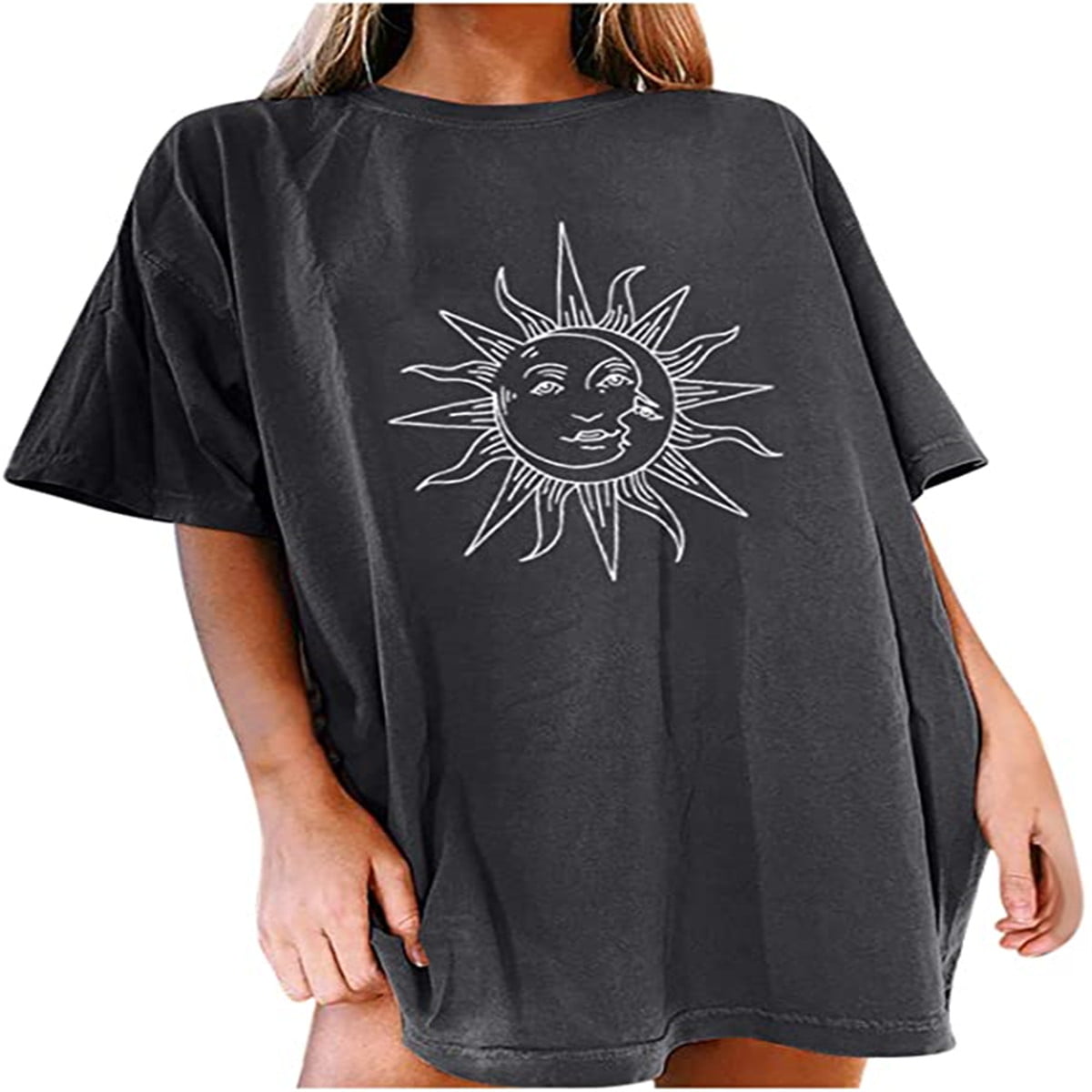 Sun Moon Printed O-Neck T-Shirt for Teen Girls Womens Short Sleeve Casual Tee Tops Fashion Blouse