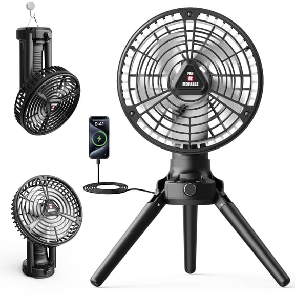 WARMTUYO Camping Fan with LED Light, Outdoor Pedestal Fan 7500mAh Battery Operated Adjustable Height,Tent Fans with Hanging Hook for Patio Yard Beach