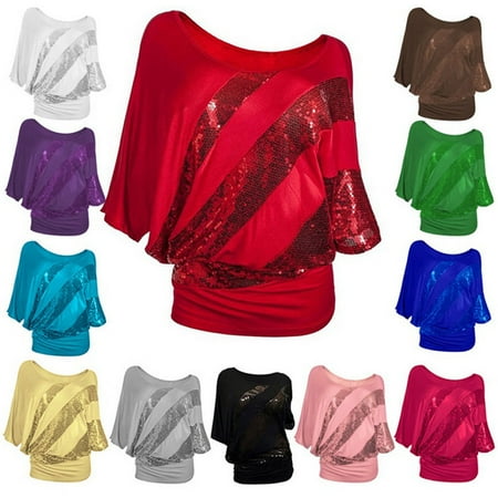 - Women O-neck Batwing Short Sleeve T-shirt Charm Sequin Blouse Casual Loose Tops