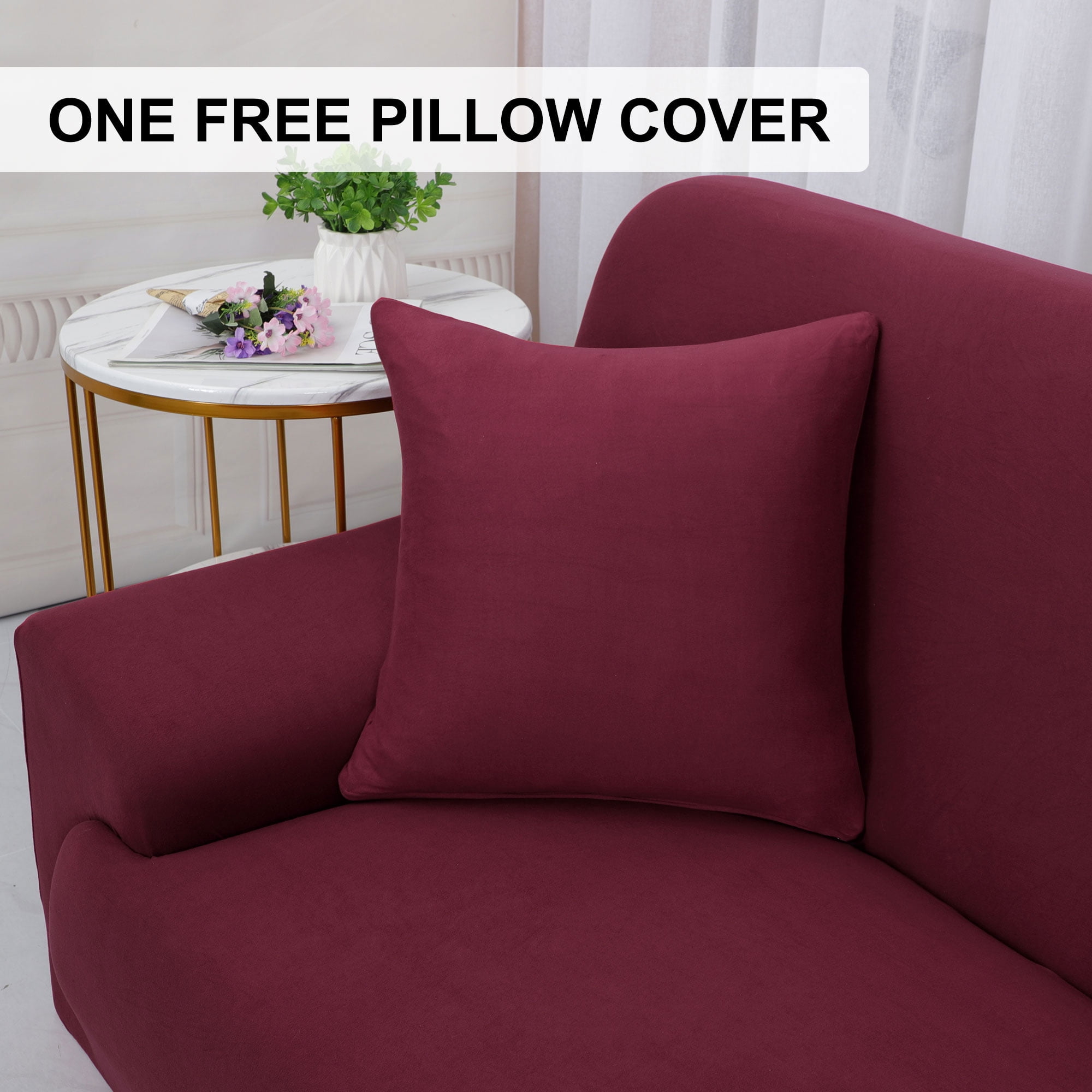PiccoCasa Thick Stretch Sofa Cover 2 Seater Solid Couch Cover, Burgundy
