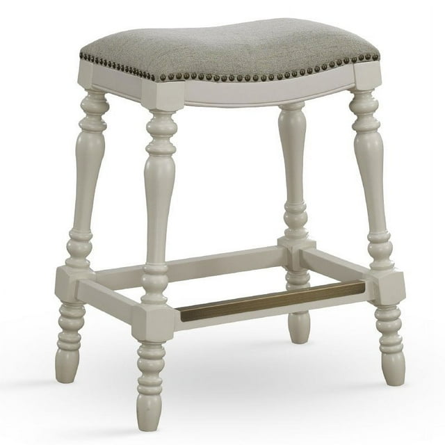 Comfort Pointe Hampton Beige Fabric Saddle Seat White Wood Frame Counter Stool