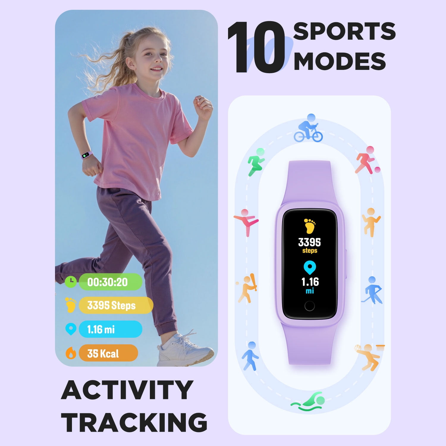BIGGERFIVE Vigor 3 Kids Fitness Tracker Watch, AMOLED Screen, No App No Phone Needed, 3ATM Waterproof, Heart Rate and Sleep Monitor, Pedometer Watch, Sports Step Counter for Girls Ages 5-15, Lilac