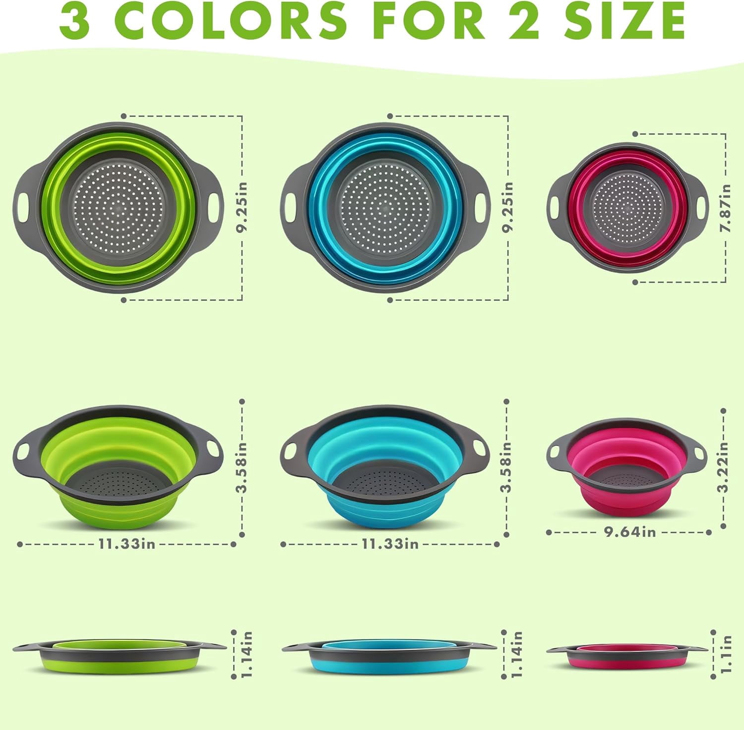 Collapsible Colander Set of 3 Round Silicone Kitchen Strainer Set - 2 pcs 4 Quart and 1 pcs 2 Quart- Perfect for Draining Pasta, Vegetable and fruit (green,blue, purple)