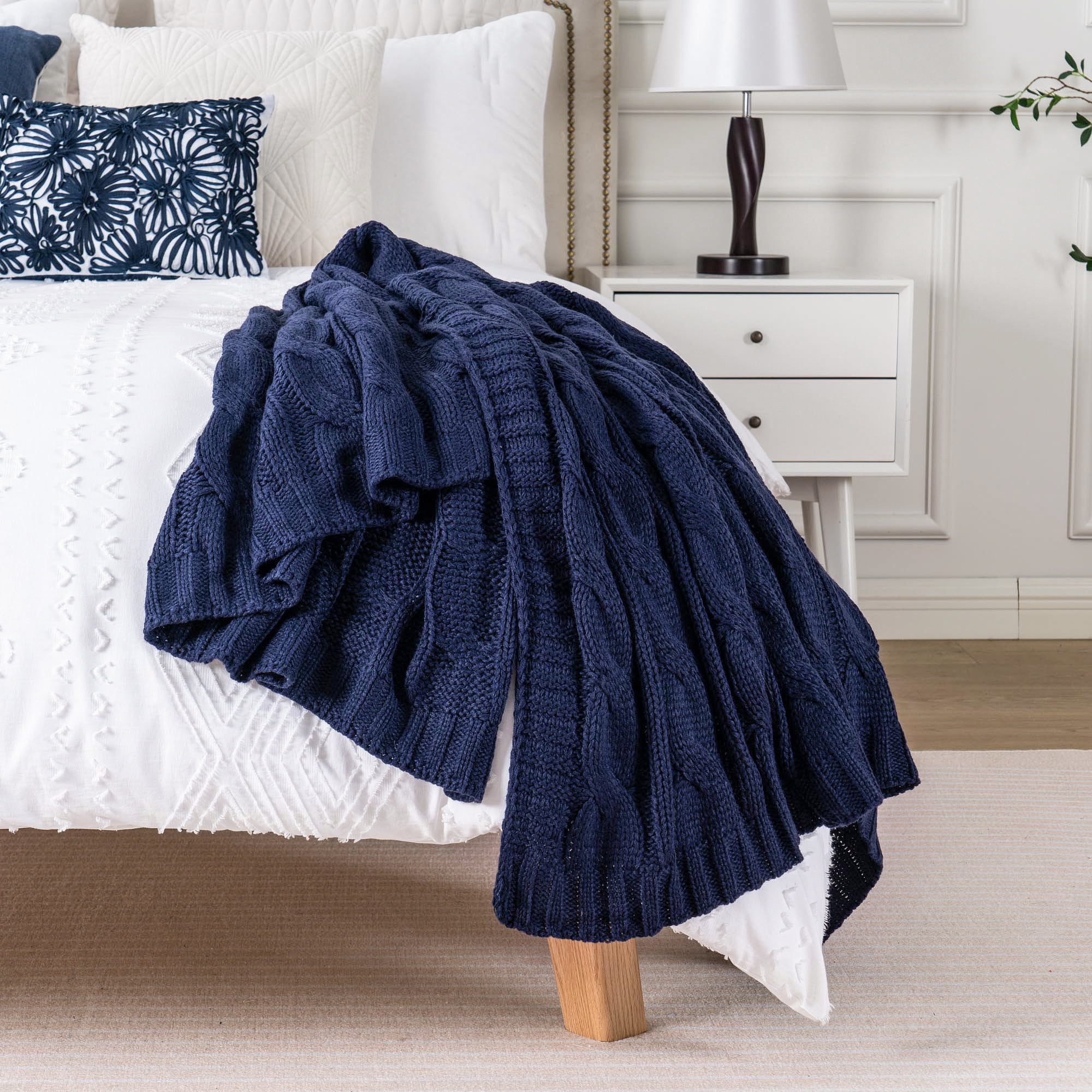 Battilo Navy Cable Knit Blankets,Herringbone Cozy Decorative Knitted Throw,Housewarming Gifts,50"x60"