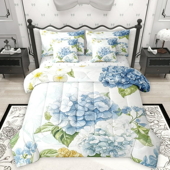 Homewish Blue Hydrangea 7-Piece Twin Bedding Sets,Natural Flower Floral Bedding Comforter Set,Green Monstera Leaf Sheet Sets For Girl Boy,Microfiber Bedroom Decor Reversible