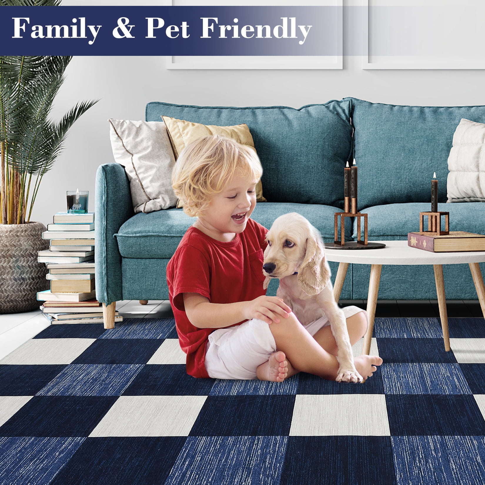 Garvee 8'x10' Living Room Rug Modern Geometric Rug Stain-Resistant Lightweight Rugs Plaid Rugs for Dining Room Home Office, Navy Blue