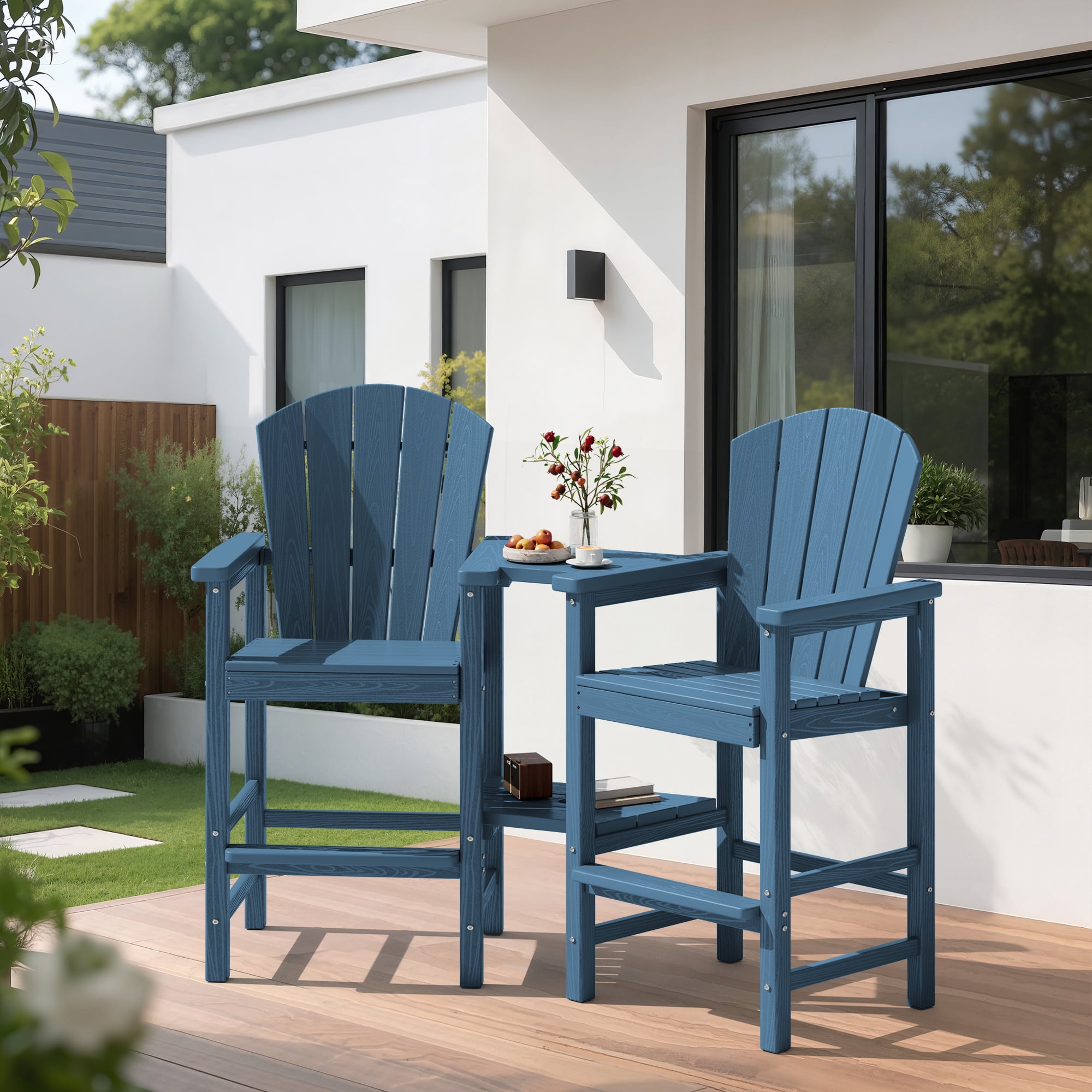 SERWALL Tall Adirondack Chairs Set of 4 with Double Layer Connecting Tray, HDPE Bar Height Outdoor Chairs, for Patio, Balcony, Porch, Pool, Navy