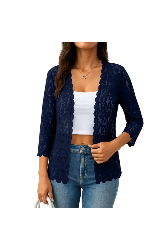 Women's Floral Lace Cover-Up Cardigan Crochet Sheer 3/4 Sleeve Open Front Plus Size Summer Beach-to-Evening Boho Dressy Casual Layer