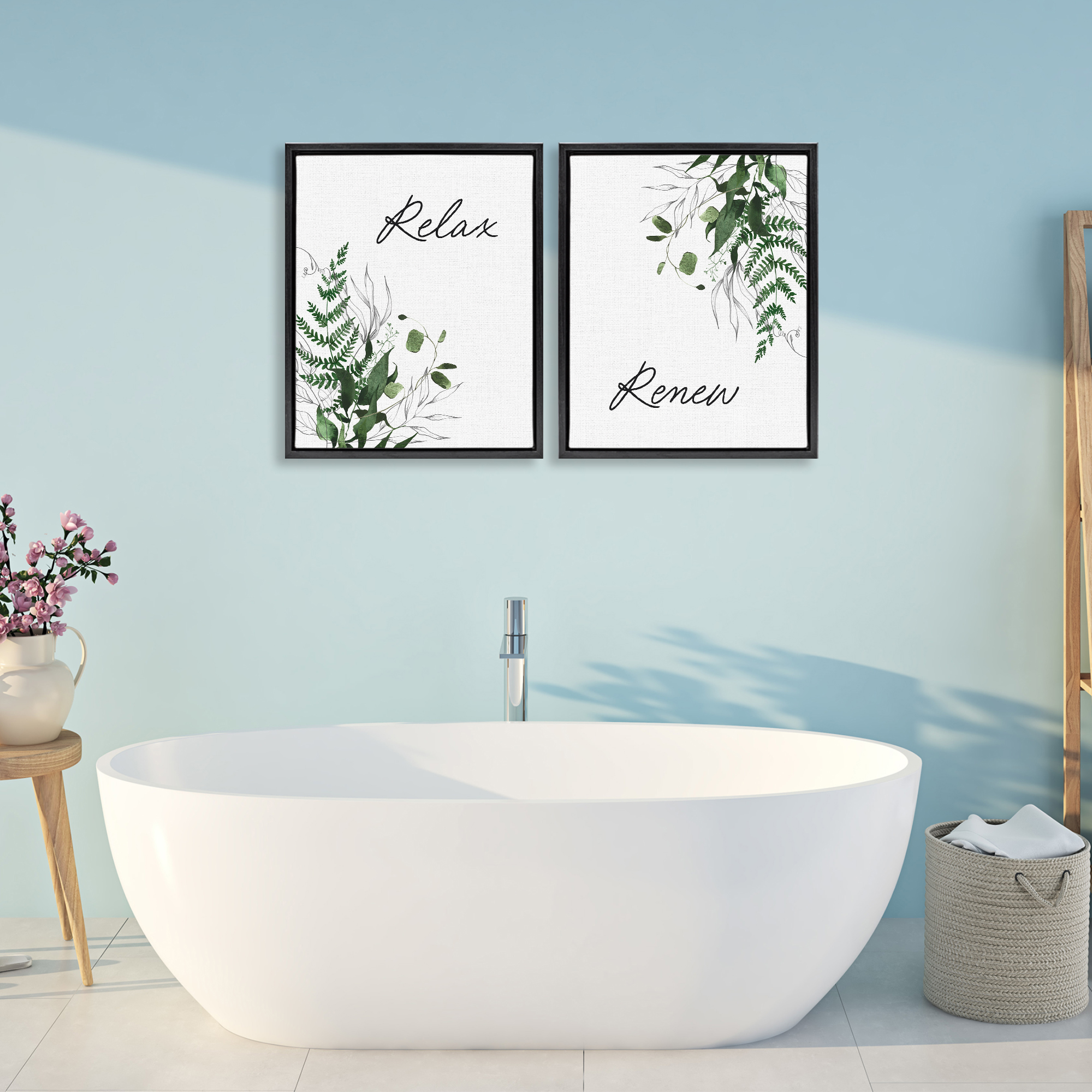 Relax Renew Botanical Leaves 2 Piece Black Framed Floater Canvas Set, design by Lettered and Lined