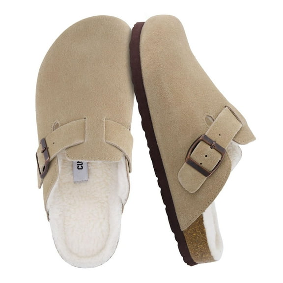 Cushionaire Hana Womens Fur Clogs | Comfortable Genuine Suede Clogs for Women with Faux Fur Lining | Slip On Potato Shoes with Cork Footbed & Arch Support | Memory Foam, Wide Widths Available