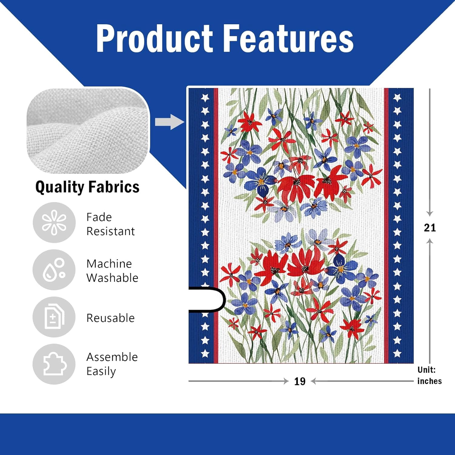 4th of July Patriotic Mailbox Cover Magnetic Standard Size 21"x19", America Wild Flower Floral Decorative Post Letter Box Wrap Decor, American USA Stars Farmhouse Garden Yard Outdoor Decoration