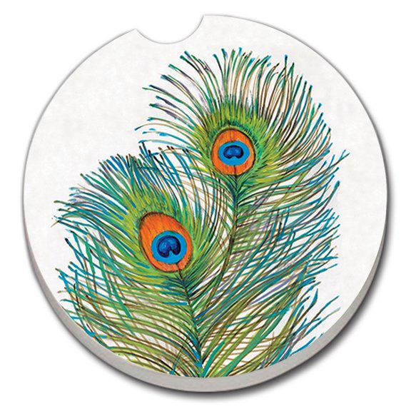 Absorbent Stoneware Car Coaster, Vivid Peacock Feathers, Set of 2