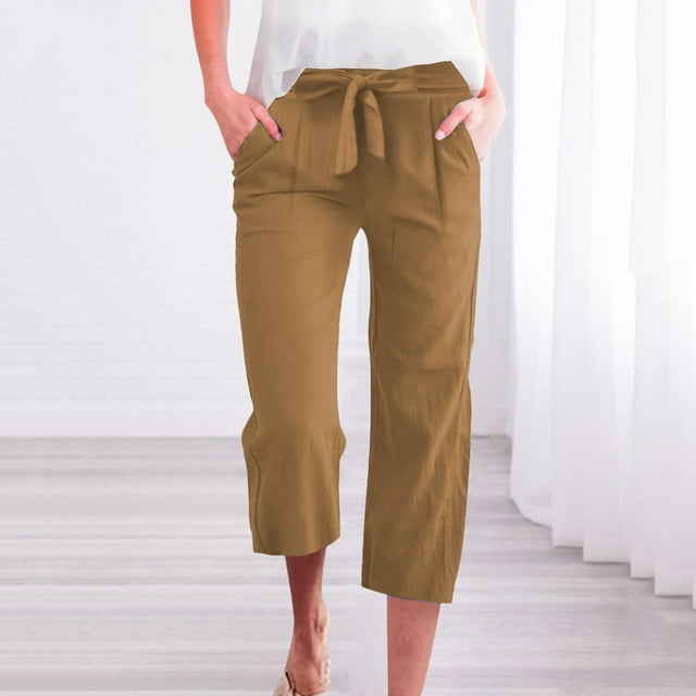Ovticza Straight Leg Linen Pants Women Summer Lightweight Drawstring High Waist Capris Pants Loose Comfy Boho Beach Pants Light Brown 5XL