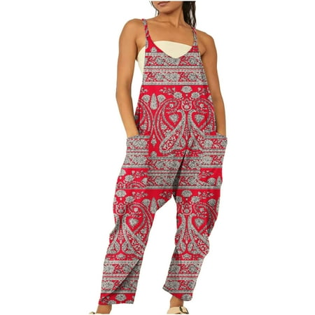

Lastesso Summer Romper for Women V Neck Floral Print Jumpsuits Spaghetti Stap Long Bib Pants Boho Loose Baggy Overalls with Pockets Fashion 2023