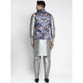 thumbnail image 3 of eloria Men's Traditional Silver-Toned Solid Silk Blend Kurta with Pyjama And Printed Floral Nehru Jacket, 3 of 7
