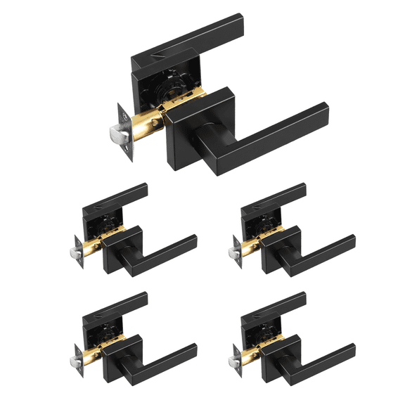 KFFKFF Passage Door Grip, 5 Set Sleek Black Door Handle, Ambidextrous Reversible Non-Locking Lever, 45° Twist to Unlock, All-Purpose Square Design for Corridors, Storage Areas, Conference Rooms