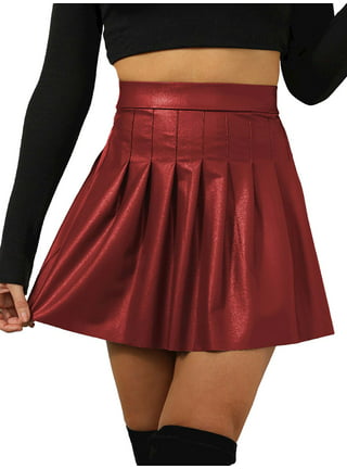Women's Solid Faux Leather Flared Pleated Stretch Mini Skater Skirt 
