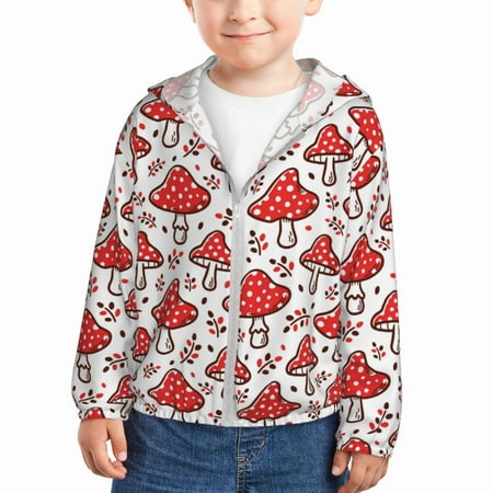 

Qekee Amanita Red Mushroom Print UPF 50+ Kids Sun-Protective Hooded Long Sleeve Rash Guard for Fishing Water Beach Sports -18 Months