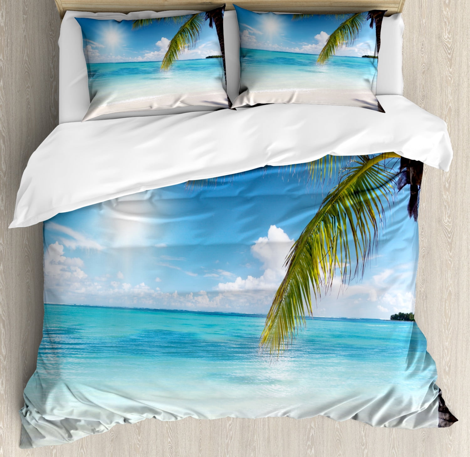 Coastal Quilted Bedspread & Pillow Shams Set Palm Trees Island Shore Print 