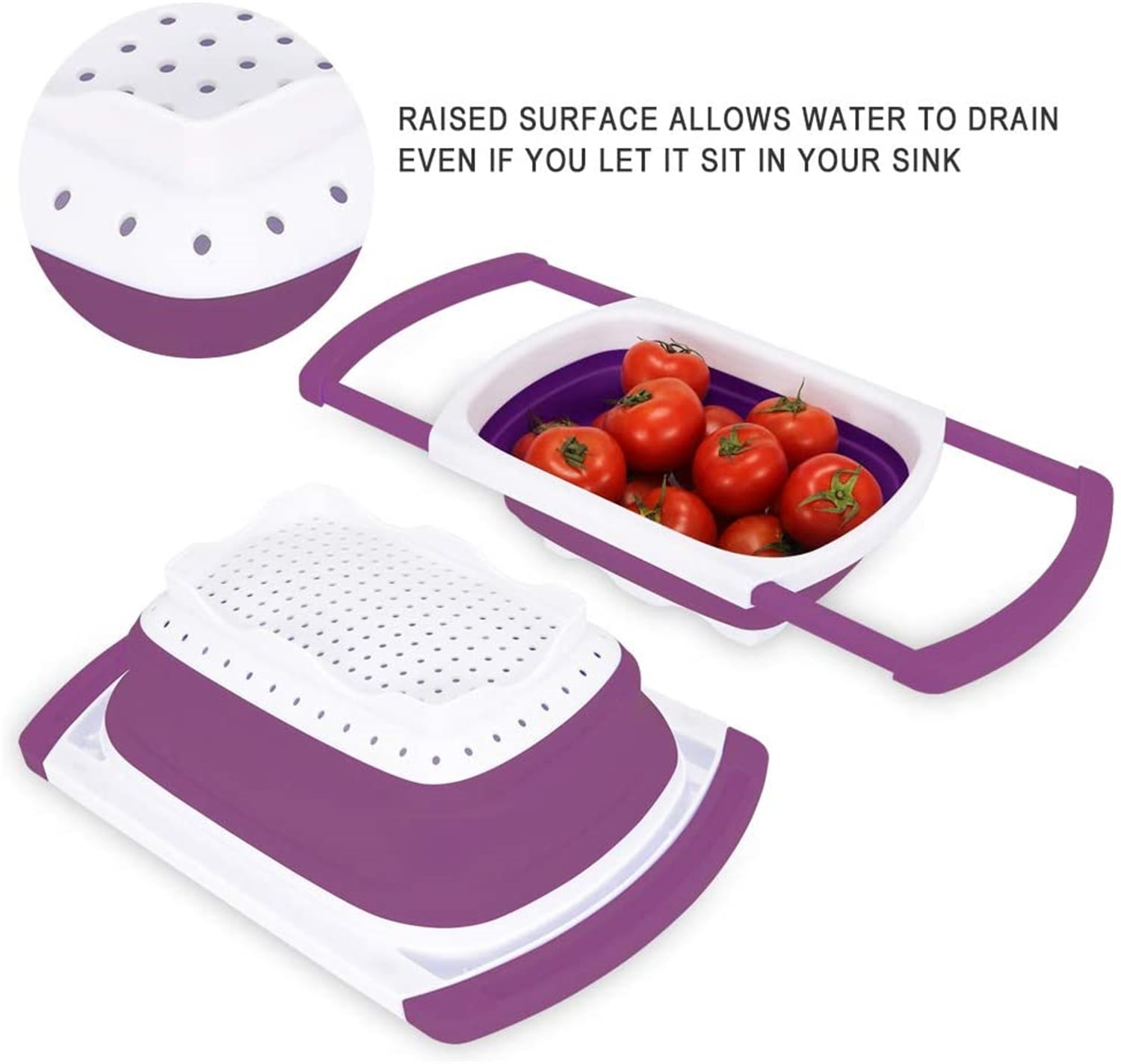 Kepooman Kitchen Over The Sink Collapsible Colander Strainer with Extendable Handles for Vegetable Fruit, Purple Kepooman Kitchen Over The Sink Collapsible Colander Strainer with Extendable Handles for Vegetable Fruit, Purple