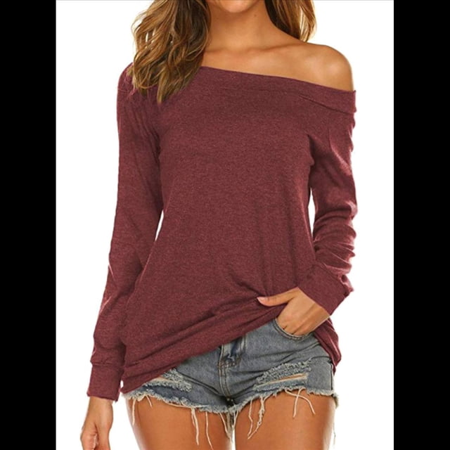 Blusa de Larga con Cuello y Hombros Descubiertos para Mujer Vino Tinto M