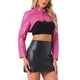 thumbnail image 4 of CHAQUETA CORTA DE CUERO SINTÉTICO PARA MUJERES INSPIRADA EN CHIC, CON CUELLO ALTO, CREMALLERA DELANTERA Y MANGAS LARGAS, COLOR ROSA FUCSIA, 4 of 5