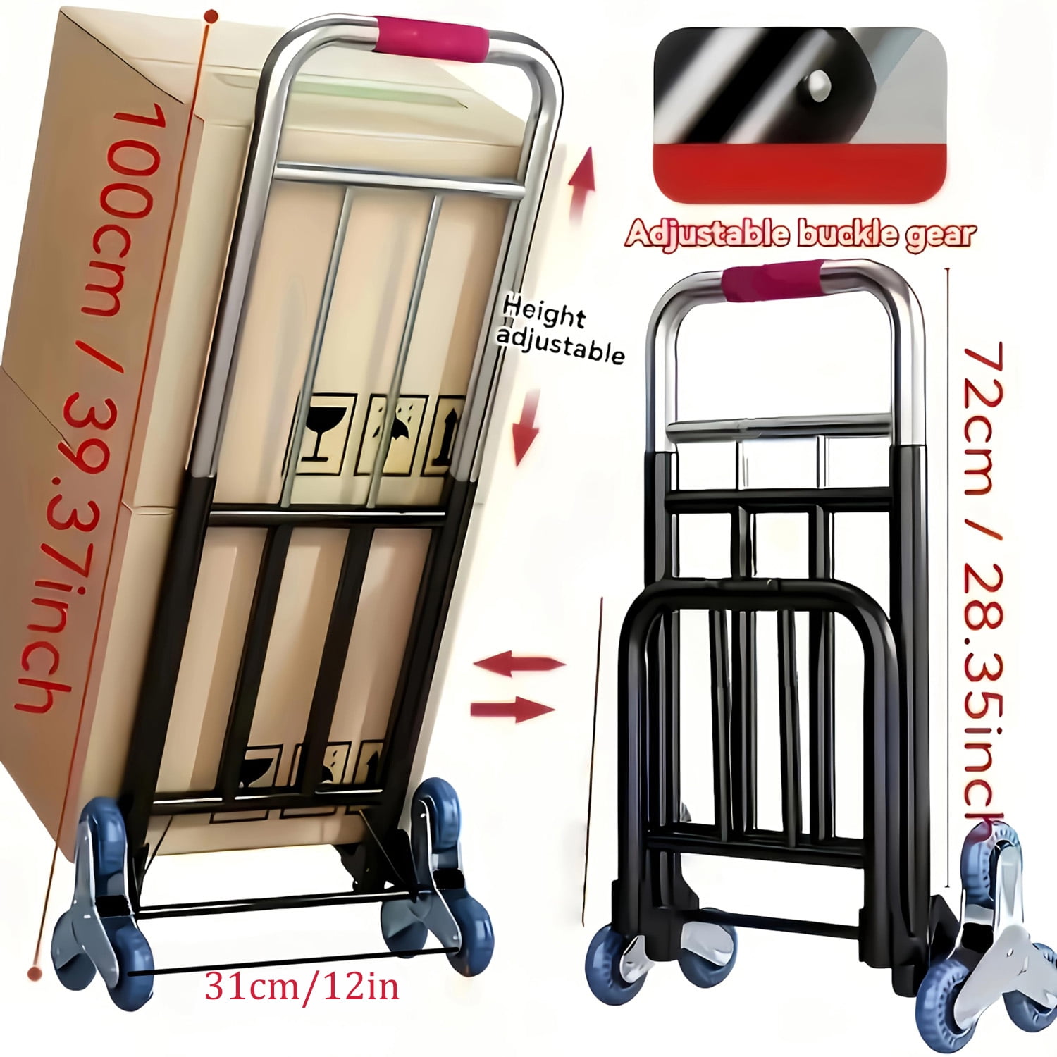 Heavy Duty Folding Hand Truck with Stair Climbing Wheels, 330 lbs Capacity, Portable Dolly Cart with All-Terrain Tires & 3 Tie-Down Straps for Moving, Luggage, Shopping, Office