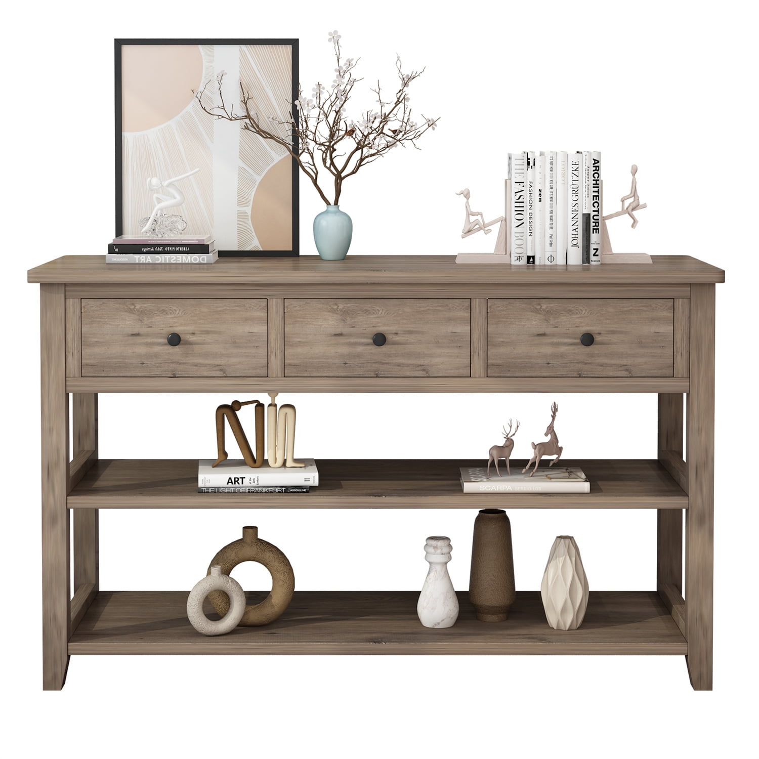 47" Console Table with 3 Drawers and 2 Open Shelves, Modern Sofa Table with Wood Frame and Legs, Entryway Table for Living Room Kitchen, Wash Gray