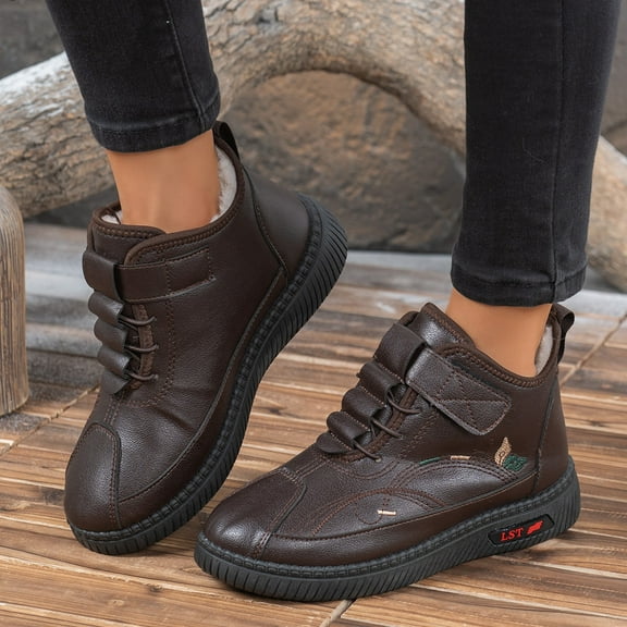 XIMIN Womens Snow Shoes Lace Up Sneakers Slip On Thickened Warm Fur Lined Booties Leather Ankle Boots Outdoor Work Walking Comfort Winter Warm Shoes