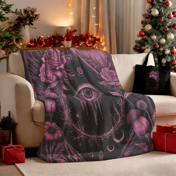 Christmas Gift Gothic Floral Set: 50"x60" Fleece Blanket 15.75"x13.78" Tote Bag Flannel Throw Blanket for Adults, Soft Warm Cozy Air-Conditioned Room Nap Blanket for Couch, Sofa, Office