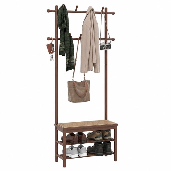 Furnibear 3 in 1 Bamboo Hall Tree Coat Rack with Bench and Shoe Storage and 11 Hooks for Entryway and Foyer and Hallway, Brown