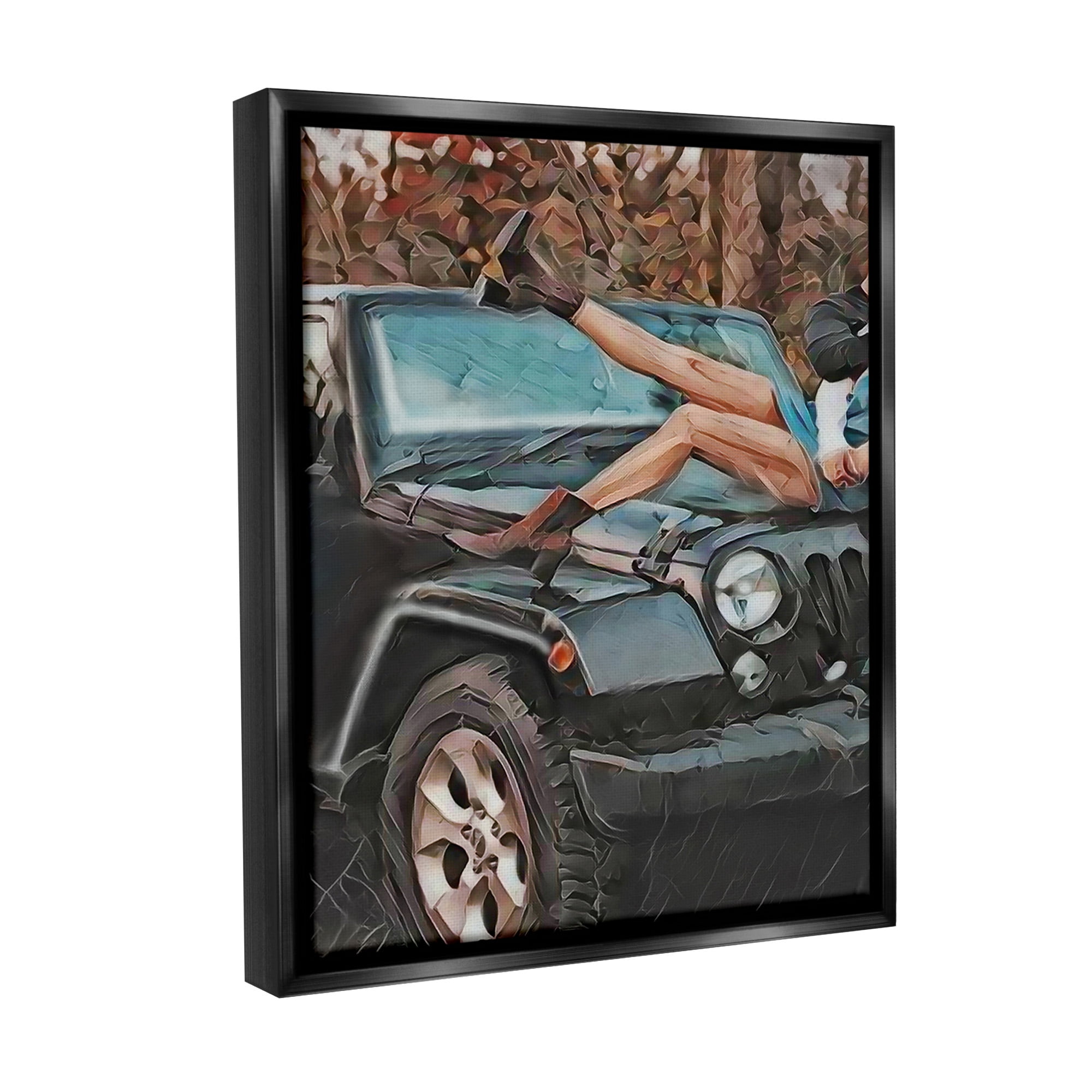 Stupell Industries Cowgirl on Car Hood Transportation Painting Black Floater Framed Canvas Art Print Wall Art, 17 x 21