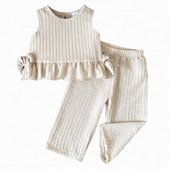 kpoplk Toddler Baby Girls Summer Clothes Sleeveless Ruffles Pleated Camisole Tops Pants Set 2 Piece Linen Outfits Size 9-12 Months,Beige