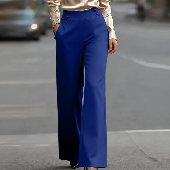 Mifsaly Office Pants for Women High Waisted Wide Leg Work Trousers with Button Decoration Professional Business Casual Flowy Summer Clothes Blue,M