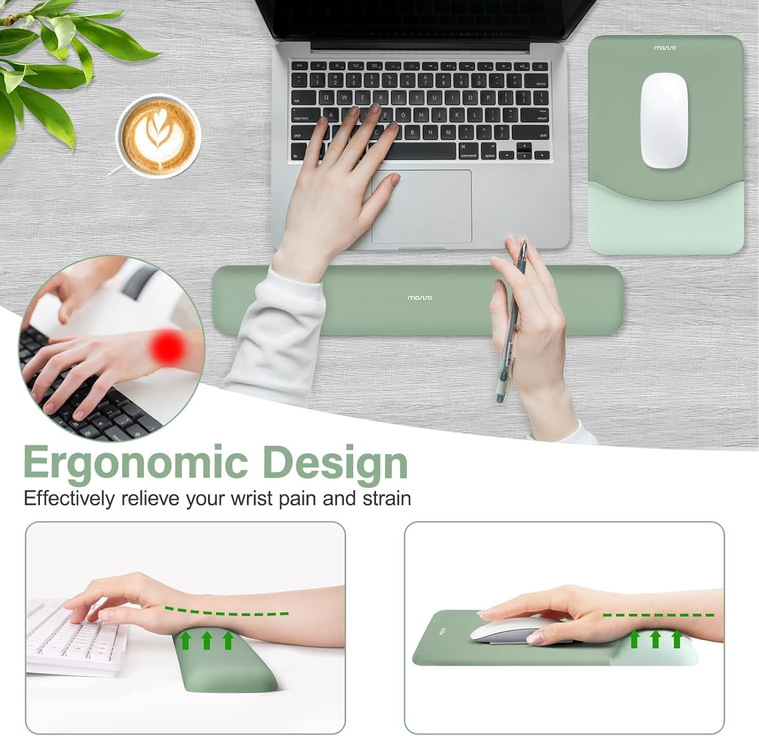 Wrist Rest Support for Mouse Pad&Keyboard Set, Rectangular Ergonomic Mousepad Non-Slip Base Home/Office Pain Relief&Easy Typing Pad with Neoprene Cloth&Raised Silicone Lining, Green