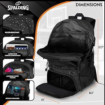 Spalding Backpack for Teens & Adults 30L Black Multi-Compartment Ventilated Pocket