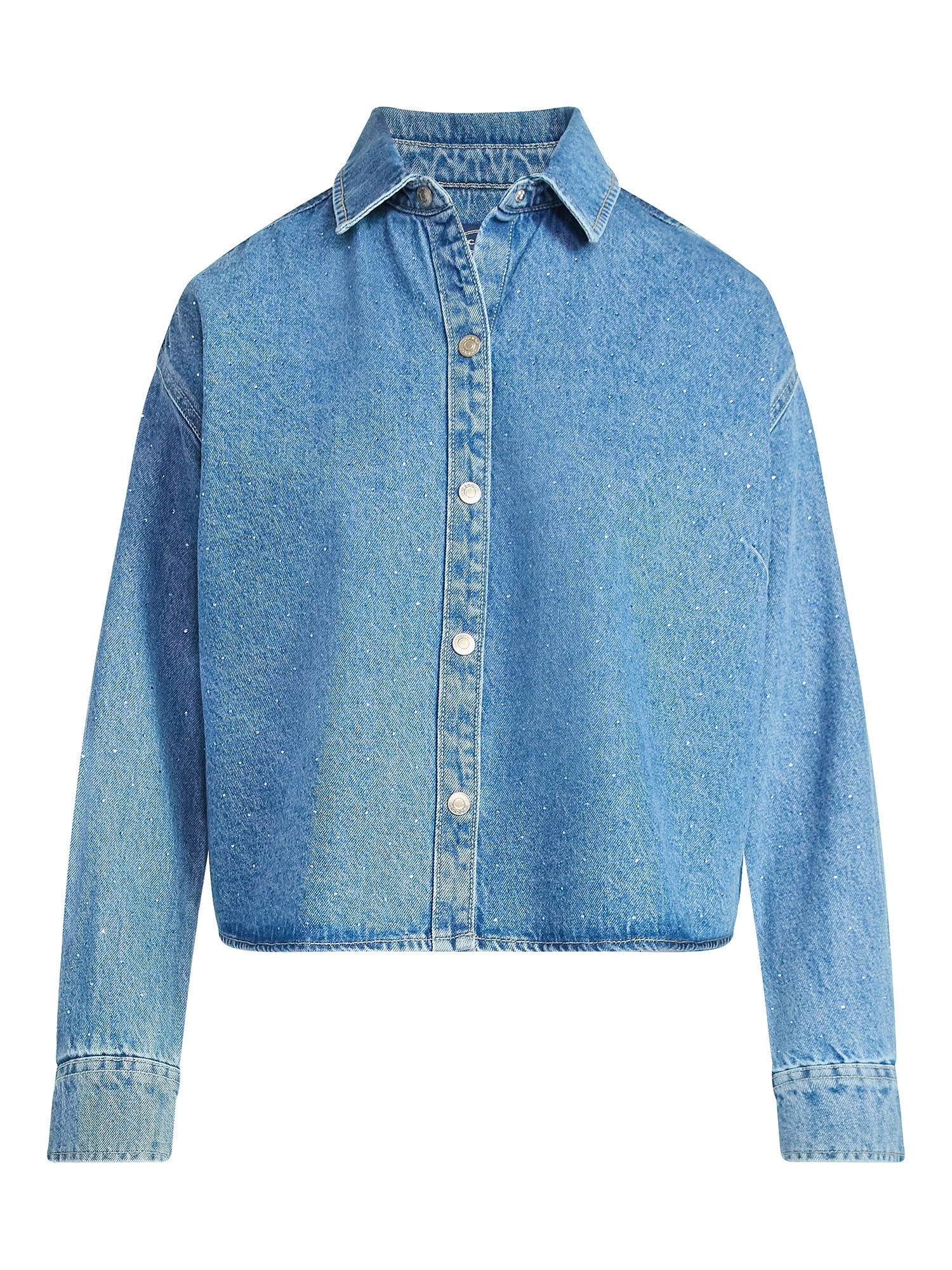 Scoop Women’s Rhinestone Embellished Cotton Denim Shirt with Long Sleeves, Sizes XS-4X