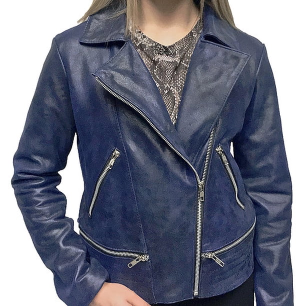 Chamarra de piel azul estilo biker cruzada para dama Castelli Leather Authentic Elizabeth Biker cruzado