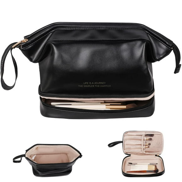 Abiudeng Large Makeup Bag,Double Layer Cosmetic Bag,Travel Makeup Bag,Leather Makeup Bag, Cosmetic Travel Bags,Portable Leather Toiletry Bag,Roomy Cosmetic Bag for Women and Girls