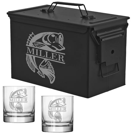 ROLYAD 50 Caliber Ammo Box Metal Ammunition Case Steel Storage Can with 11oz Rocks Whiskey Glasses (Bass Fish) Black