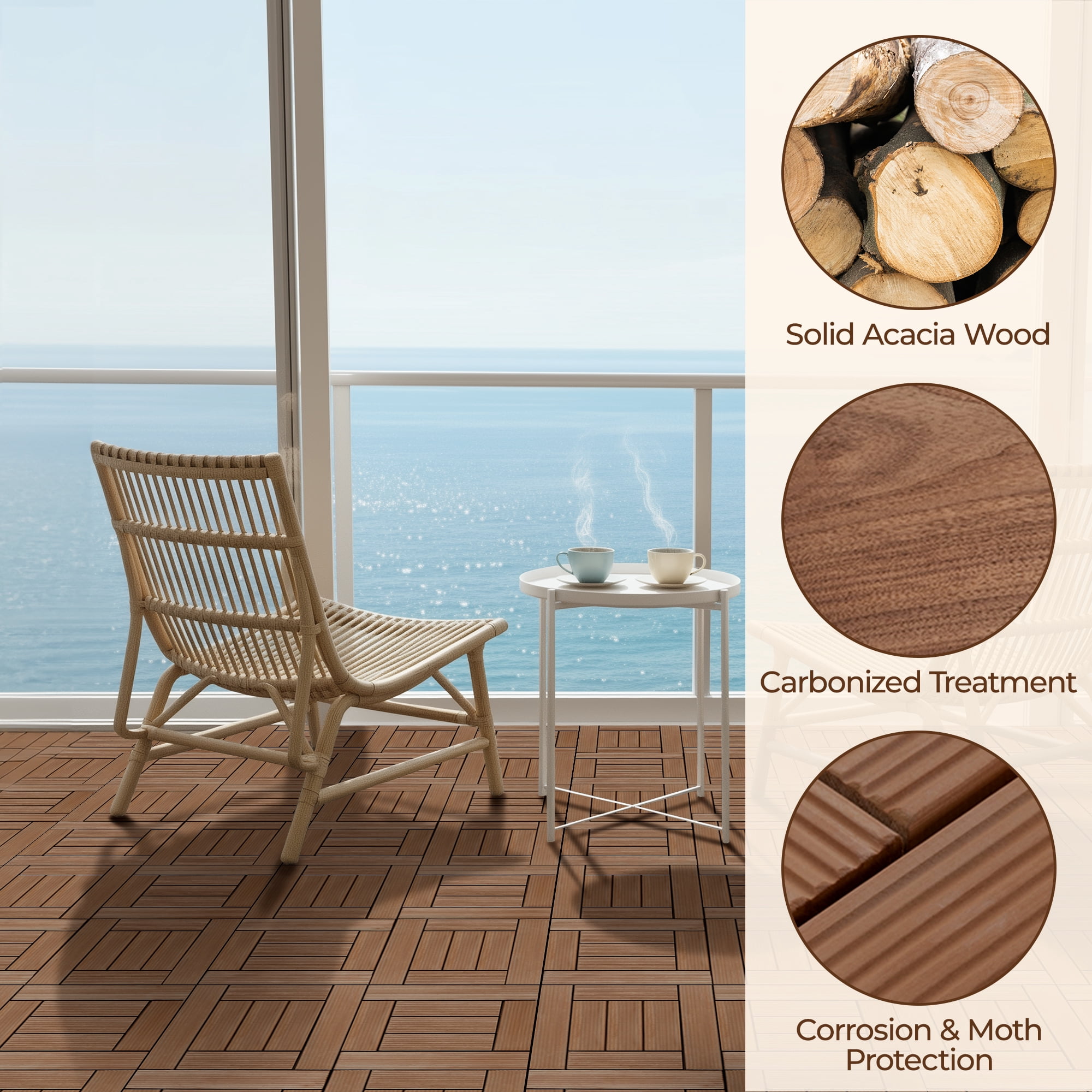 Alden Design 27pcs Indoor & Outdoor Wood Flooring Tiles for Patio Garden, 12" x 12", Brown