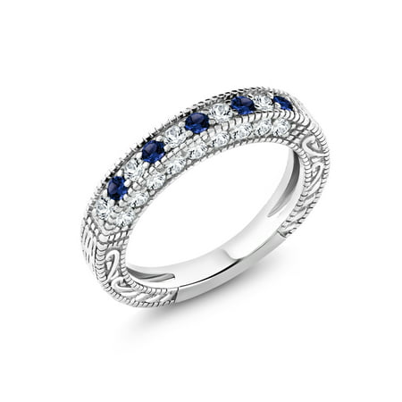 1.00 Ct Blue and White Created Sapphire 925 Sterling Silver Wedding Band