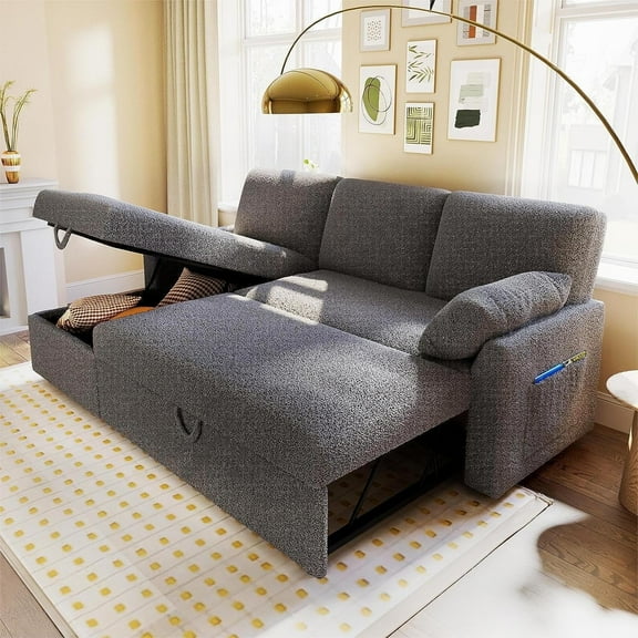 Merluxy Sleeper Sofa, 2 in 1 Pull Out Couch Sofa with Storage Chaise for Home Office- Grey Sherpa