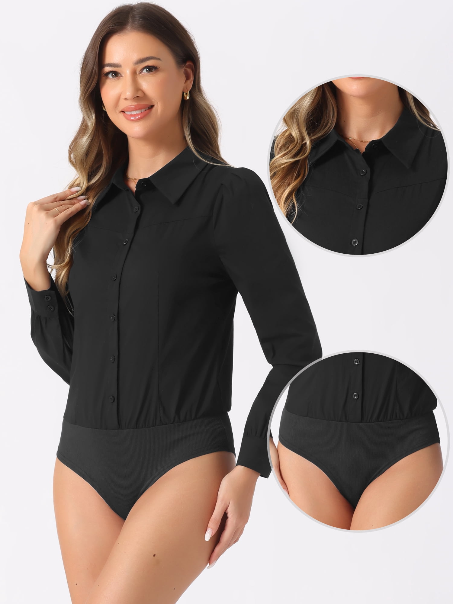 DARING DIVA Leotard Shirt Collared Button Down Long Sleeves Bodysuit M Black