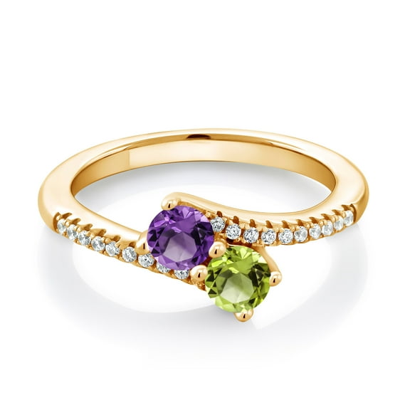 18K Yellow Gold Plated Silver Purple Amethyst and Green Peridot Bypass Ring for Women | 0.79 Cttw | Gemstone Birthstone | Round 4MM | Wedding Engagement Anniversary Promise Ring| Size 8