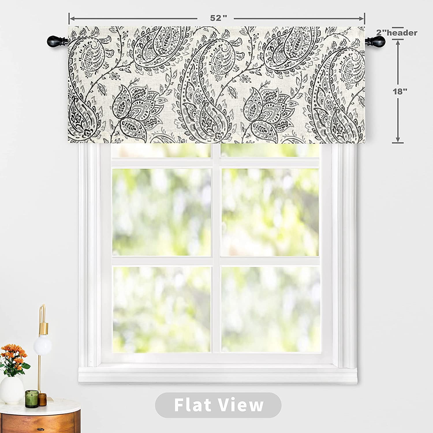 DriftAway Jacob Linen Blend Blackout Valance for Kitchen 18 Inch Length Scroll Floral Paisley Printed Lined Rod Pocket Room Darkening Window Curtain Valance for Living Room 52"x18" Black