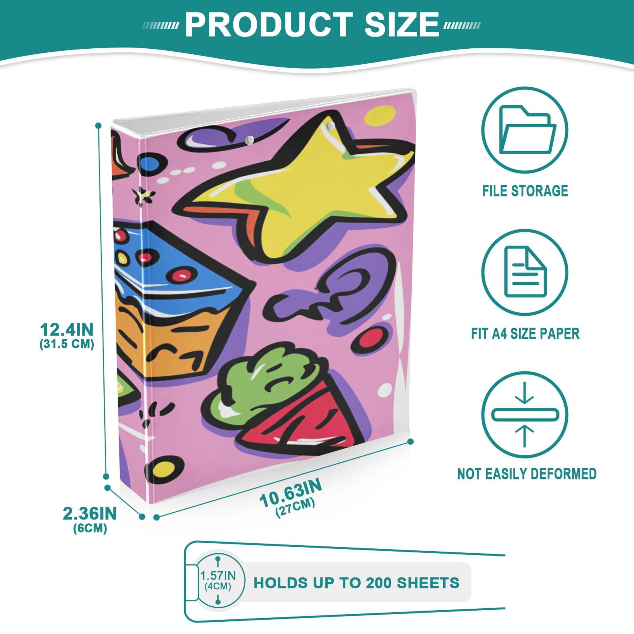 Fruits and Cakes 12.4x10.6in PVC Round Ring Binder, D-Ring 3-Hole, Metal Clip, 200 Sheets