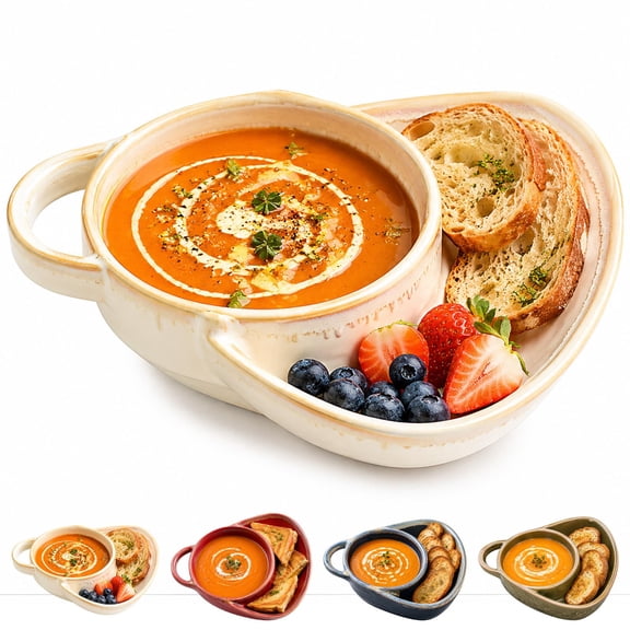 Soup and Sandwich Bowl with Handle, Dual Compartment Soup Bowl and Sandwich Plate Combo, Stoneware Serving Bowl for Soup, Bread, Salad & Snacks